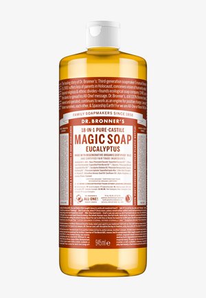 Savon magique Dr. Bronner’s 945 ml 18-en-1 à l'eucalyptus pur castille dans une bouteille jaune avec texte détaillé et bouchon à rabat blanc.