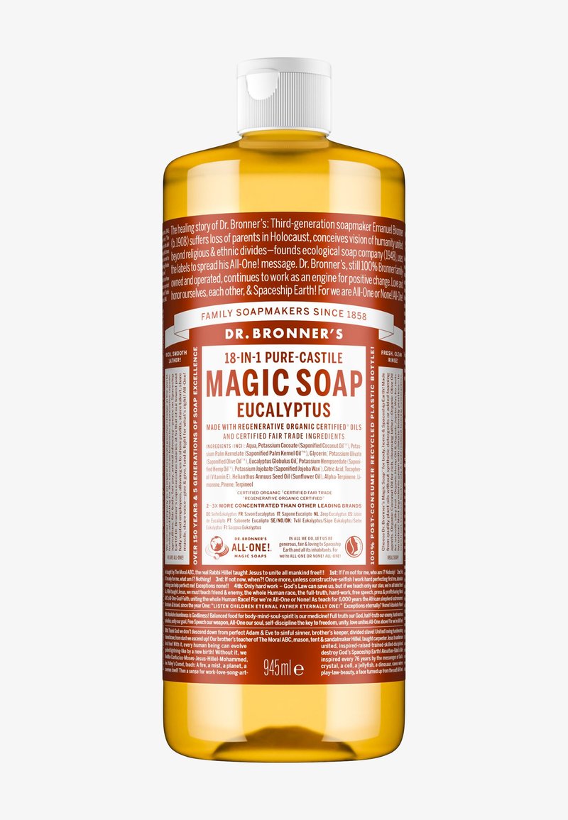 Dr. Bronner's 945 ml 18-in-1 pure castile eucalyptus magische zeep in een gele fles met gedetailleerde tekst en een witte fliptopdop.