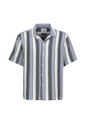 Kurzärmeliges Hemd mit Knopfleiste und vertikalen Streifen in Blau-, Schwarz- und Weißtönen, mit Camp-Kragen.