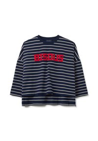 Marineblauwe langemouwen shirt met witte horizontale strepen en vet rood "BISOUS"-tekst over de borst, ronde hals en een losvallende pasvorm.