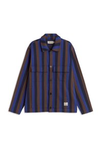Knopenjacket met bruine en blauwe verticale strepen, voorzien van een kraag, twee voorzakken en een label op de rechteronderkant.