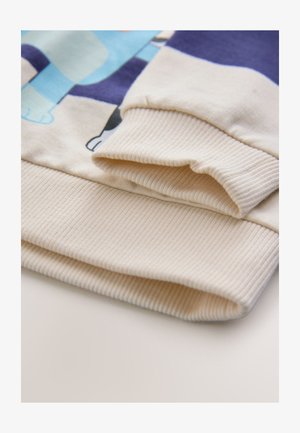Manchette de sweat-shirt couleur crème présentant une texture côtelée et une finition lisse, avec un motif graphique coloré sur le tissu principal.