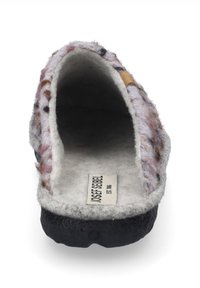 Wool felt slipper with a gray and pastel pattern, open back, soft interior, black rubber sole, and visible brand label inside.