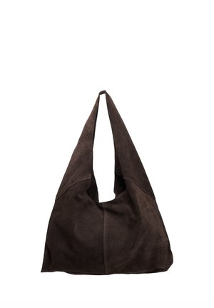 Sac hobo en cuir brun foncé souple avec une large bandoulière unique et sans fermetures visibles, présenté sur fond blanc.