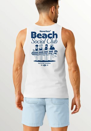 White tank top featuring a blue graphic design of four figures with a surfboard. Text reads "Neverless Beach Social Club" and "live in the sunshine."