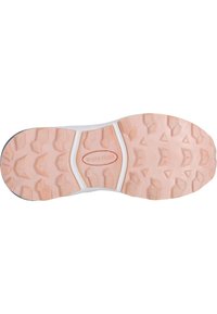Suola della scarpa con una superficie in gomma testurizzata, caratterizzata da un colore rosa chiaro, un motivo di battistrada multidirezionale e un logo in rilievo al centro.