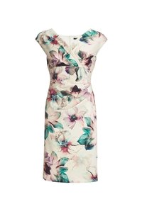 Robe sans manches longueur genou avec encolure portefeuille, avec de grands motifs floraux bleu sarcelle, violet et rose sur fond crème.