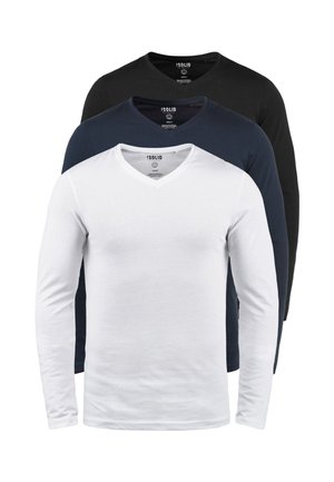 Drei Langarmshirts mit V-Ausschnitt: eines in Weiß, eines in Marineblau und eines in Schwarz. Hergestellt aus weichem Stoff mit glatter Textur und minimalen Nähten.