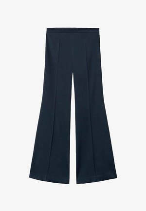 Námořnické modré rozšířené kalhoty s širokým střihem, které mají hladký povrch a na přední straně nažehlené záhyby. Žádné viditelné kovové detaily ani vzory.