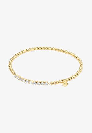 Goldener Perlenarmband mit einer Reihe von funkelnden, klaren Kristallen. Glatte, runde Perlen mit einem zarten Anhänger.