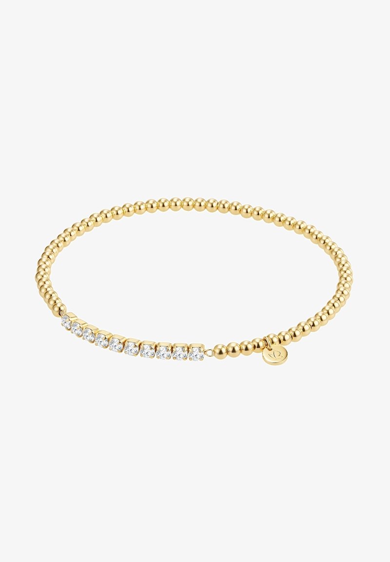 Narukvica od zlatnih perlica s redom sjajnih bistra kristala. Glatke, okrugle perlice s delikatnim privjeskom.