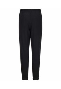 Pantalones de chándal negros con cintura ajustable, puños elásticos, una textura suave y un diseño sencillo. Diseñados para la comodidad y la versatilidad.