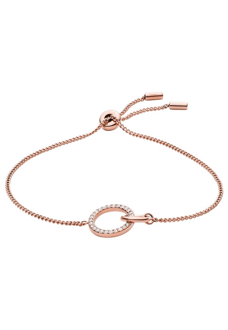 Armbanduhr aus Roségold mit einer dünnen Kette, die ein kreisförmiges Element mit klaren Edelsteinen enthält und über einen Schieb mechanismus für eine verstellbare Passform verfügt.