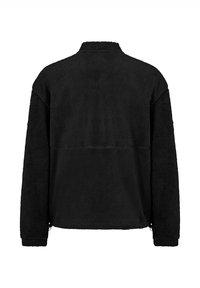 Schwarze Fleecejacke mit strukturierter Oberfläche, hohem Kragen und langen Ärmeln. Verfügt über einen geraden Rückensaum und ein minimalistisches Design.