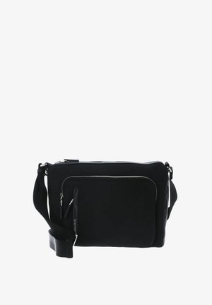 Sac épaule noir en tissu avec compartiment principal zippé, comprenant une poche avant zippée et une sangle réglable.