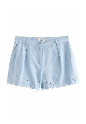 Short bleu clair avec fermeture par bouton, poches avant et ourlet festonné avec détails en découpes florales brodées.