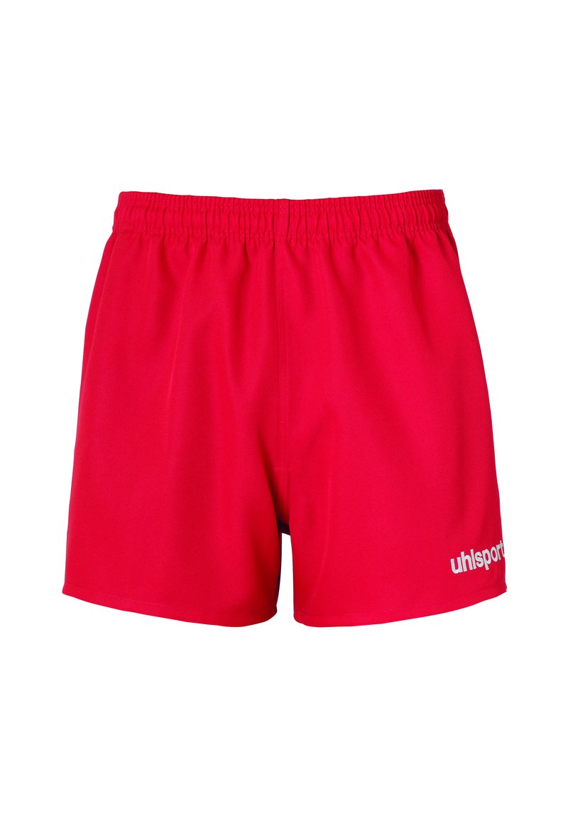 Rode sportieve shorts met een elastische tailleband, met een gladde textuur. "uhlsport"-logo gedrukt in het wit op de onderrechtse zijde.