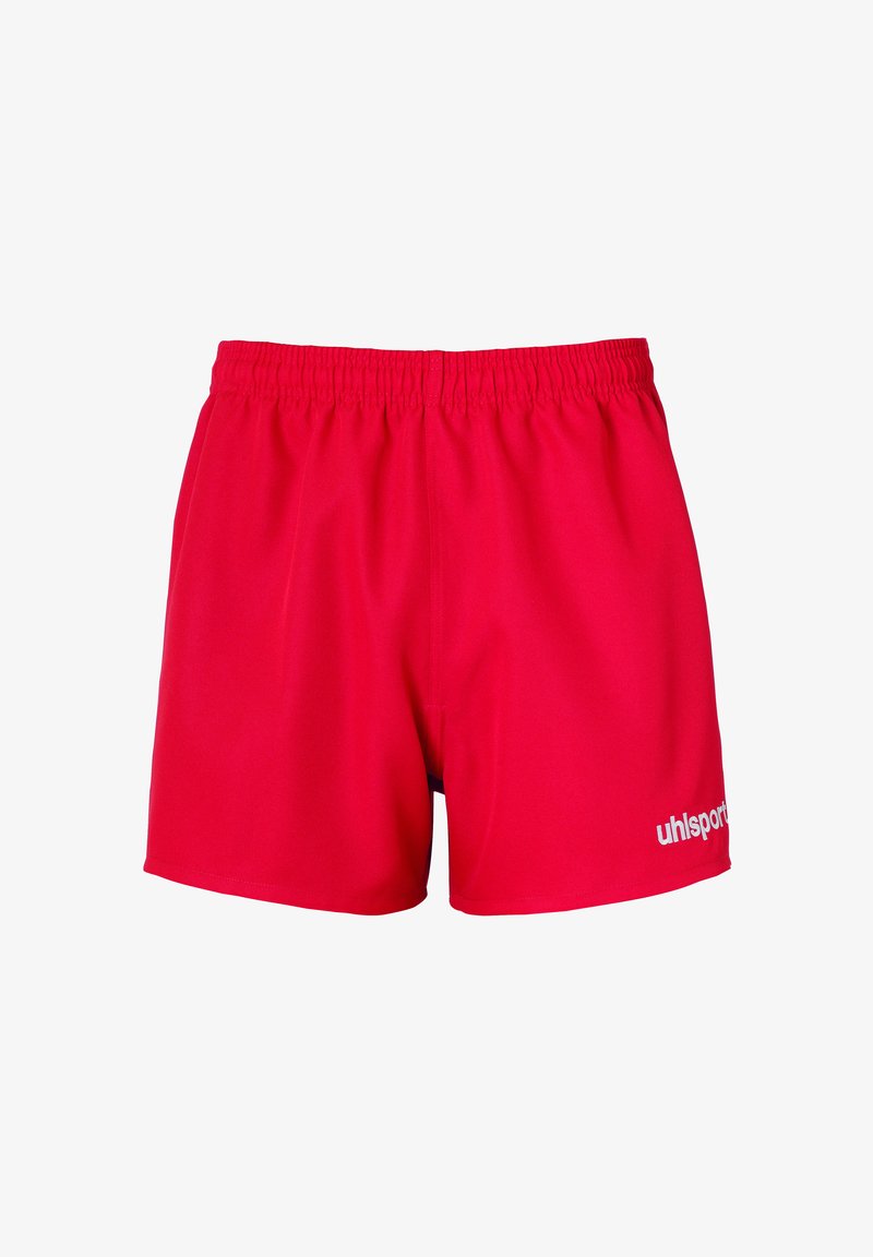 Røde atletiske shorts med elastisk talje, der har en glat tekstur. "uhlsport" logoet trykt i hvidt på nederste højre side.