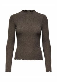 Haut à manches longues en ribbé marron avec une coupe ajustée, doté d'un col et d'une ourlet festonnés. Fabriqué en un matériau tricoté texturé.
