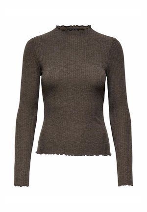 Maglietta a maniche lunghe marrone a coste con una forma aderente, caratterizzata da un collo e un orlo a onde. Realizzata in un materiale a maglia testurizzata.