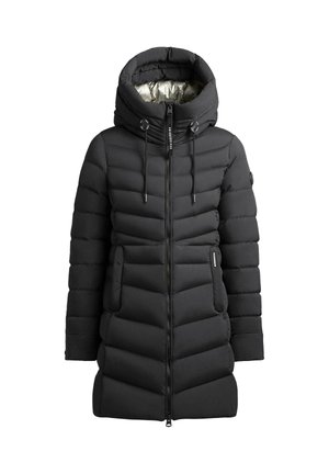 Zwarte gewatteerde jas met een hoge, verstelbare capuchon, een rits aan de voorkant, twee zijzakken en een horizontale gestikte print. Gevoerd met reflecterend materiaal.