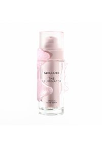 Tan-Luxe The Illuminator sérum à éclat progressif dans un flacon transparent avec un gel rose et de la mousse en tourbillon autour.