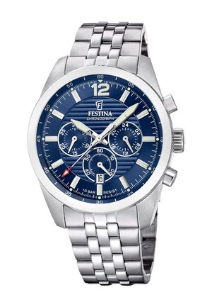 Orologio cronografo Festina argentato con quadrante blu, tre contatori, finestra della data alle 6, lancette luminescenti e bracciale in acciaio inossidabile a maglie.