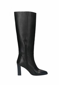 Botte en cuir noir montante avec un design élégant, bout pointu et fermeture éclair sur le côté. La semelle avec talon ajoute de l'élévation et de la structure.