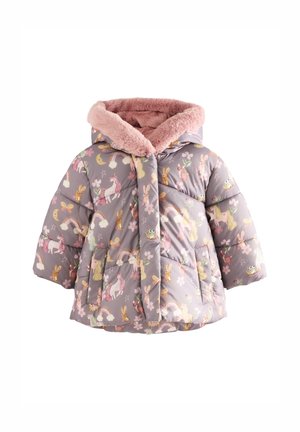 Manteau d'hiver matelassé pour enfant avec capuche en fausse fourrure rose et un motif de licornes, arcs-en-ciel, lapins, grenouilles et fleurs sur un fond gris.