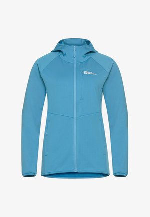 Een blauwe, ritsjack met capuchon, gemaakt van textuurstof, met raglanmouwen, twee met rits gesloten zakken en een logo op de bovenste linkerzijde.