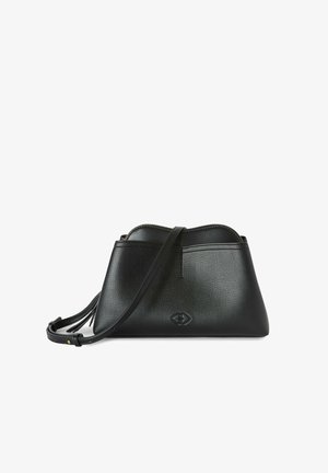 Black leather handbag with a textured finish, featuring a zip closure, a shoulder strap, and a small decorative logo on the front.