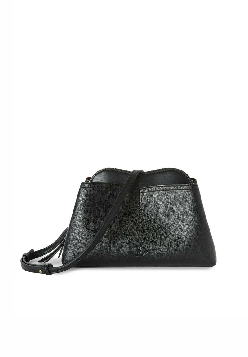 Svart läderhandväska med strukturerad finish, med dragkedjestängning, axelrem och en liten dekorativ logga fram.