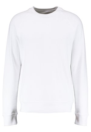 Hvid sweatshirt med lange raglanærmer, rund halsudskæring, ribbede manchetter og kant, med en glat tekstur og minimalistisk design.