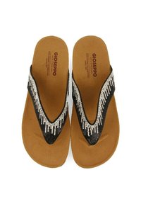 Un par de sandalias marrones con tiras de cuentas en blanco y negro, que presentan la marca Gioseppo visible en las plantillas.