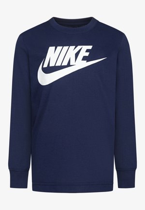 Chemise à manches longues bleu marine avec logo Nike blanc et swoosh centrés sur la poitrine.