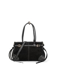 Borsa a mano in suede nero con dettagli in pelle, doppi manici superiori, tracolla removibile e hardware in oro. Presenta un design strutturato.