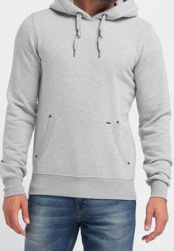 Grauer Baumwoll-Hoodie mit einer Vordertasche, Kapuze mit Kordelzug und gerippten Bündchen. Verfügt über metallische Akzente und ein dezentes Logo auf der Brust.