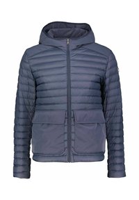 Marinblå vadderad jacka med dragkedja, två framfickor med lock och en huva. Har horisontell sömnad och strukturerade ärmar.