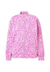 Veste zippée rose avec un motif léopard dans des teintes variées de rose sur un tissu texturé. Manches et ourlet côtelés.