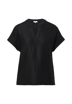 Czarny dziergany top z krótkimi rękawami i dekoltem w literę V. Pionowa faktura prążkowana i luźny krój, odpowiedni na codzienne wyjścia.