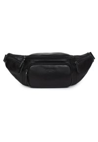 Schwarze Leder-Bum Bag mit zwei Reißverschlusstaschen und einem gebogenen Design. Mit verstellbarem Gurt und geprägtem Logo auf der Vordertasche.