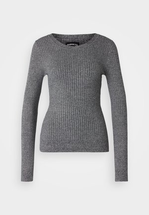 Pull gris côtelé avec des manches longues et un col en scoop. Fabriqué en tissu tricoté texturé, présentant une silhouette ajustée.