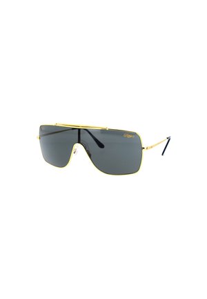 Occhiali da sole con montatura in metallo dorato e grandi lenti grigie, caratterizzati da una barra frontale prominente. Presentano aste slanciate con punte nere e una forma geometrica moderna.