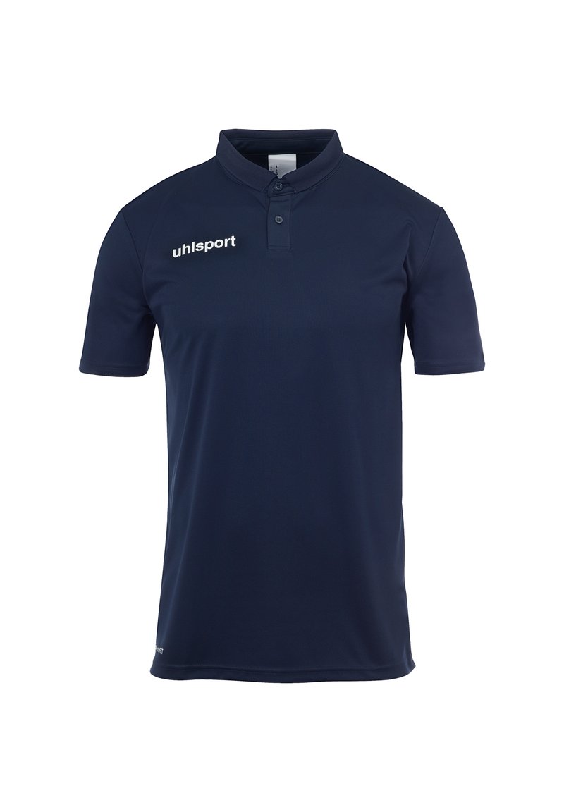 Marineblaues Poloshirt mit Kragen, kurzen Ärmeln und zwei Knöpfen. Verfügt über ein weißes "uhlsport"-Logo auf der linken Seite. Glatter, atmungsaktiver Stoff.