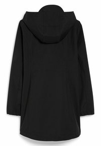 Musta huppari, jossa on pitkät hihat ja suora leikkaus. Valmistettu sileästä, kevyestä materiaalista ilman näkyvää merkkipainatusta tai koristeita.