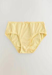 Gula bomullsboxer med elastiskt midjeband, med en liten mittenrosett och rynkade sömmar för ökad komfort.