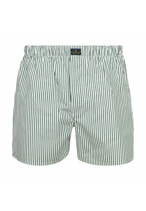 Heren boxershorts van katoen met verticale groene en witte strepen, voorzien van een elastische tailleband en een klein zwart logolabel aan de voorkant in het midden.