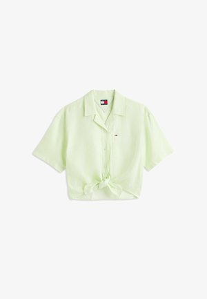 Lichtgroen overhemd met korte mouwen, knopen aan de voorkant, een strik aan de voorkant, kraag, klein borstzakje en het Tommy Hilfiger-logo op het zakje.
