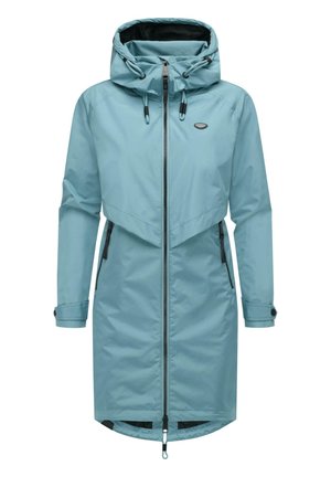 Jasnoniebieska wodoodporna kurtka z kapturem, z zapięciem na zamek z przodu, bocznymi kieszeniami i regulowanymi mankietami. Gładka tekstura i elegancki design.