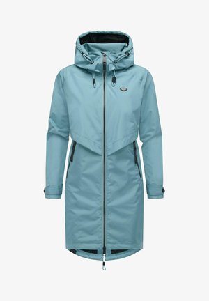 Jasnoniebieska wodoodporna kurtka z kapturem, z zapięciem na zamek z przodu, bocznymi kieszeniami i regulowanymi mankietami. Gładka tekstura i elegancki design.